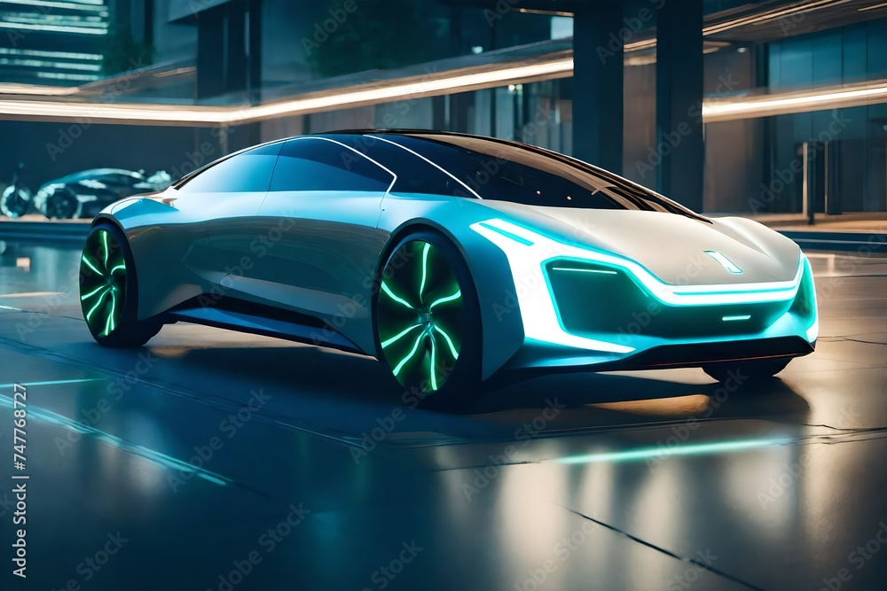 An electric concept car charging at a sleek, modern charging station, its futuristic design and sustainable technology paving the way for a greener, more eco-conscious future.