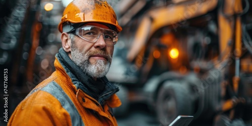 A man in an orange hard hat and glasses holding a tablet. Generative AI. photo