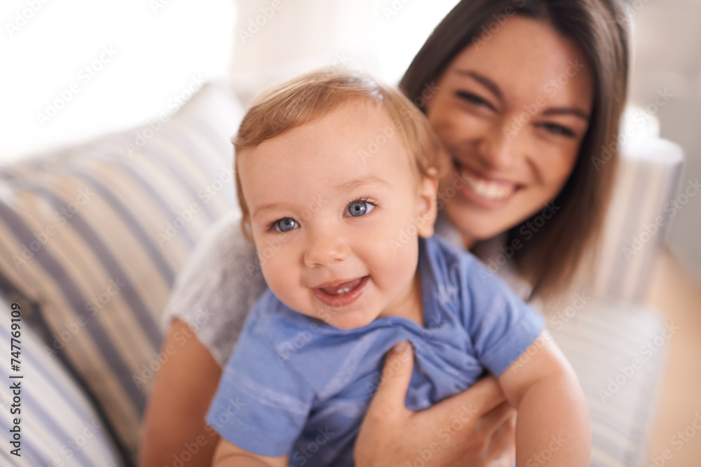 Mother, portrait or baby in home for playing, happiness and bonding in a family house in living room. Relax, boy or face of a toddler with mom, love or smile for child development, wellness or growth