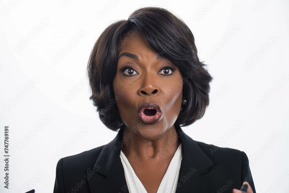 An african american woman in a suit and tie makes a surprised face. Generative AI. An african american woman in a suit and tie makes a surprised face. Generative AI.