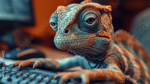 An iguana is sitting on a computer keyboard. Generative AI.
