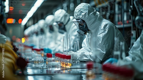 chemical engineers wearing full protective suits working in a lab