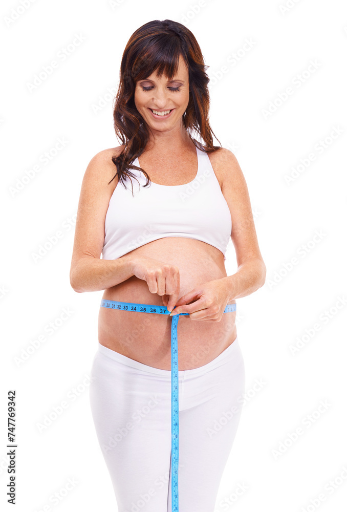 Woman, smile and pregnant with measure for growth in studio on white background for, happiness, wellness and health. Maternity, mother and isolated with pregnancy for childbirth and future family. Woman, smile and pregnant with measure for growth in studio on white background for, happiness, wellness and health. Maternity, mother and isolated with pregnancy for childbirth and future family.