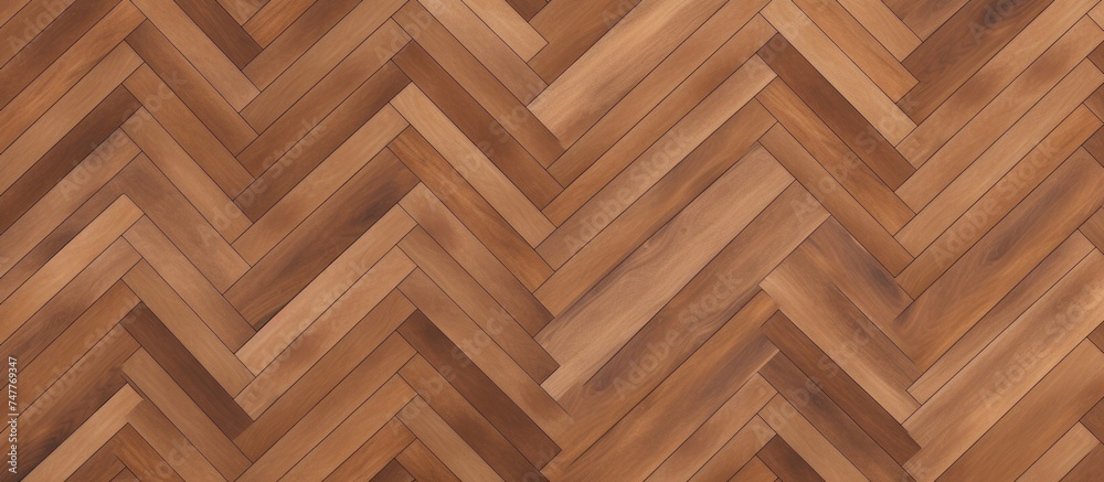 A wood floor featuring a chevron pattern in a light brown herringbone design. The interlocking zig-zag boards create a visually appealing and structured look. A wood floor featuring a chevron pattern in a light brown herringbone design. The interlocking zig-zag boards create a visually appealing and structured look.