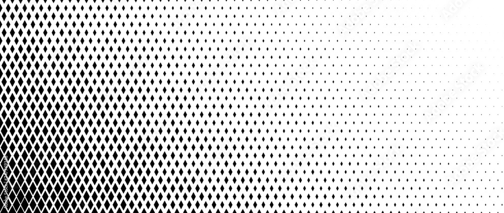 Rhombus gradient corner halftone texture. Diamond shape dot fading pattern. Abstract geometric particle vanish gradient background. Rhomb shape grunge overlay structure. Vector black white wallpaper - obrazy, fototapety, plakaty 