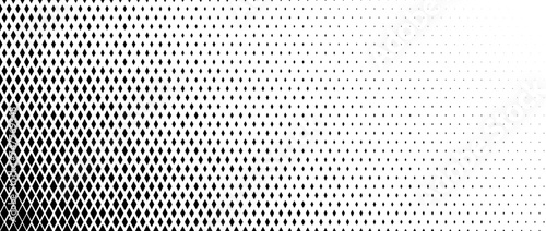 Rhombus gradient corner halftone texture. Diamond shape dot fading pattern. Abstract geometric particle vanish gradient background. Rhomb shape grunge overlay structure. Vector black white wallpaper photo