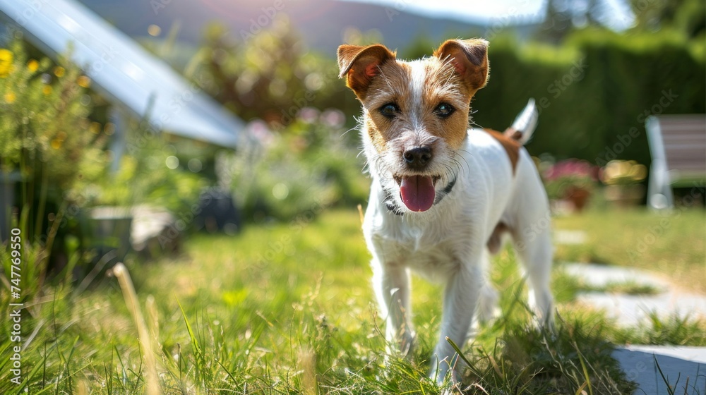 A small brown and white dog stands confidently on a vibrant green field under the clear sky A small brown and white dog stands confidently on a vibrant green field under the clear sky