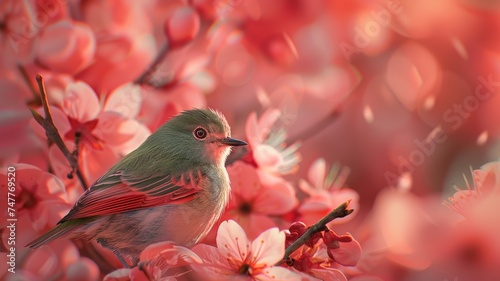 Colorful bird perched on a branch amidst blooming flowers. © sopiangraphics