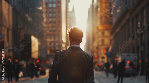 A man in a formal suit is walking down a city street lined with buildings and pedestrians