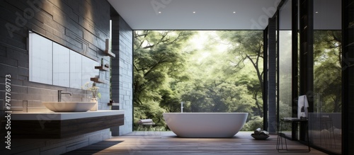 A modern bathroom featuring a large tub and a sleek sink. The tub is positioned next to the sink, both standing out against the clean, white walls. The tub is filled with water,
