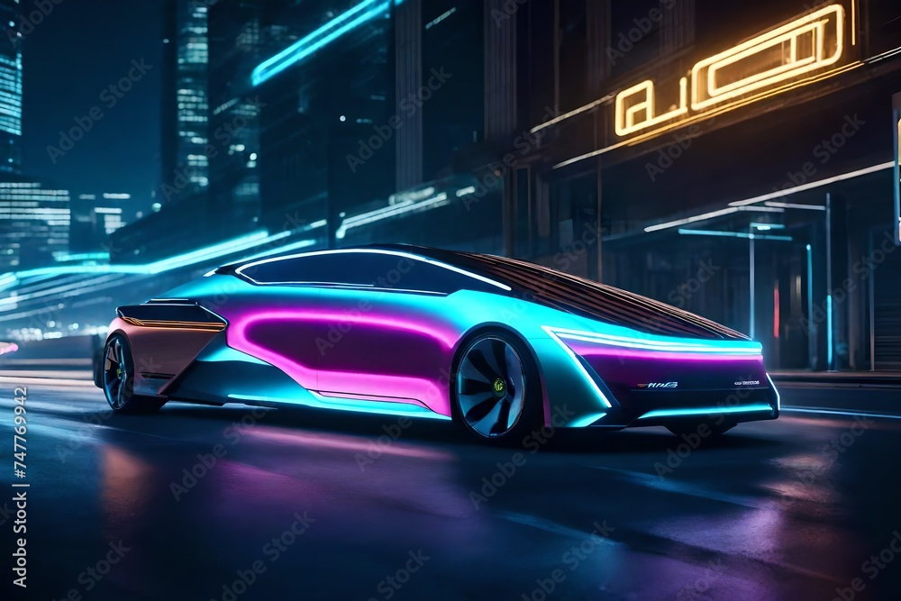 A sleek concept car speeding along a neon-lit city street at night, its futuristic design and advanced technology capturing the imagination of onlookers and setting the standard for urban mobility.