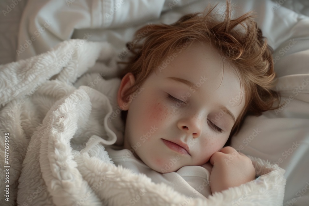 Serene Toddler Sleeping Peacefully in a Soft White Knitted Blanket Serene Toddler Sleeping Peacefully in a Soft White Knitted Blanket