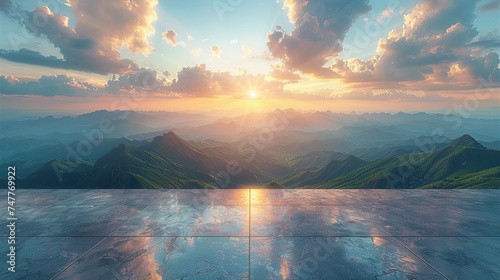 Empty square floor and green mountain with sky clouds at sunset. Panoramic view