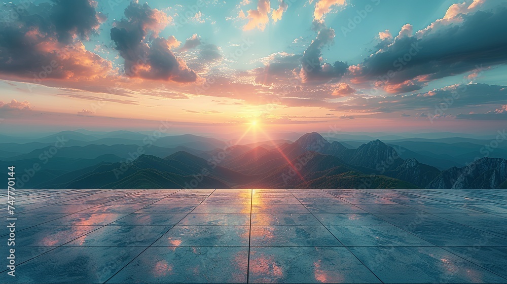 Empty square floor and green mountain with sky clouds at sunset. Panoramic view - obrazy, fototapety, plakaty 