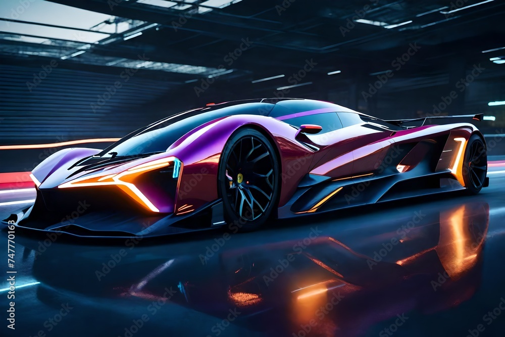 A concept supercar showcased on a futuristic racetrack, its dynamic design and cutting-edge performance capabilities pushing the boundaries of speed and agility.