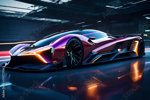 Obraz na płótnie A concept supercar showcased on a futuristic racetrack, its dynamic design and cutting-edge performance capabilities pushing the boundaries of speed and agility. w salonie