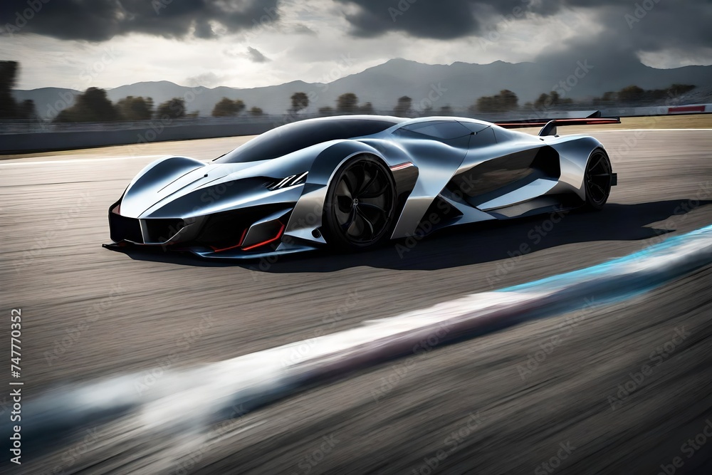 A concept supercar roaring down a race track, its aggressive stance and aerodynamic body cutting through the air like a precision-engineered missile, leaving competitors in its wake.