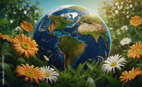 Earth Day Earth Blooming Planet Globe Adorned with Flowers and Leaves