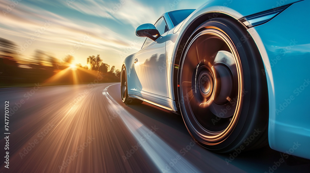 Close-up of White Sports Car Driving on Country Road highway, Speed Motion Blur at Morning or Sunset, Rear View of Luxury Supercar Racing on street, a car moving fast on a motorway