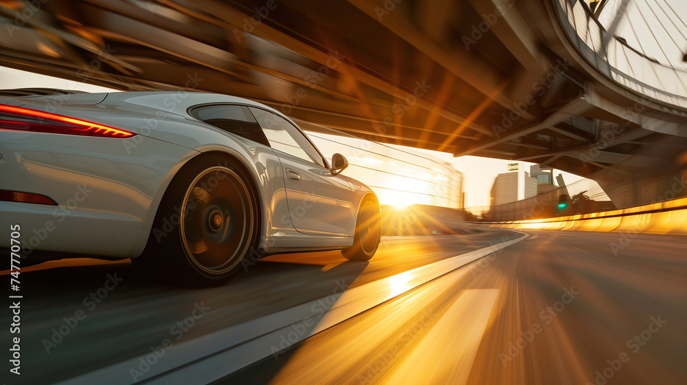 Close-up of White Sports Car Driving on Road highway, Speed Motion Blur at Morning or Sunset, Rear View of Luxury Supercar Racing on street, a car moving fast on a motorway