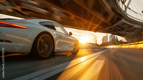 Close-up of White Sports Car Driving on Road highway  Speed Motion Blur at Morning or Sunset  Rear View of Luxury Supercar Racing on street  a car moving fast on a motorway
