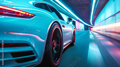 Close-up of White Sports Car Driving on Road Neon Tunnel, Speed Motion Blur at Morning or Sunset, Rear View of Luxury Supercar moving fast on street, a car racing on a highway, Future concept