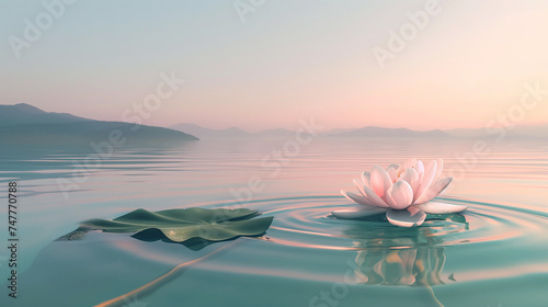 Ein ruhiges Seeufer, Morgendämmerung, sanfte Pastellfarben am Himmel, die sich auf dem ruhigen Wasser spiegeln, eine einzelne Lotusblume im Vordergrund, subtile Wellen im Wasser