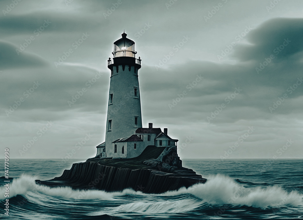 Haunted lighthouse on rocky coast, stormy skies, crashing waves, ghostly light from tower.