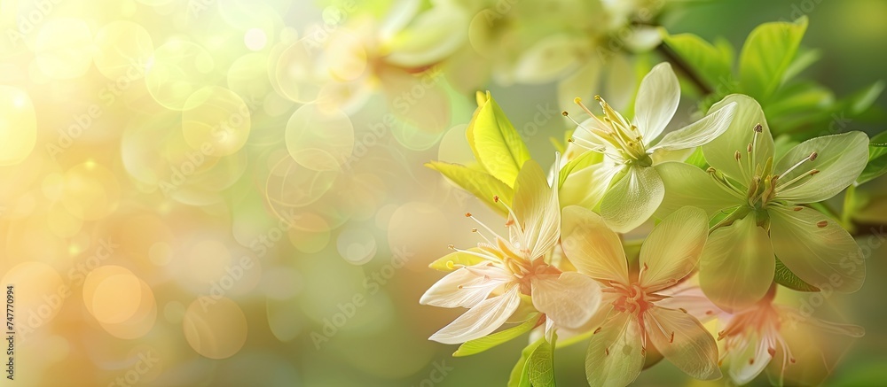 A detailed view of a flower blossoming on a tree branch, showcasing intricate details of the petals and surrounding leaves in crisp focus against a soft, blurred background. The image captures the A detailed view of a flower blossoming on a tree branch, showcasing intricate details of the petals and surrounding leaves in crisp focus against a soft, blurred background. The image captures the