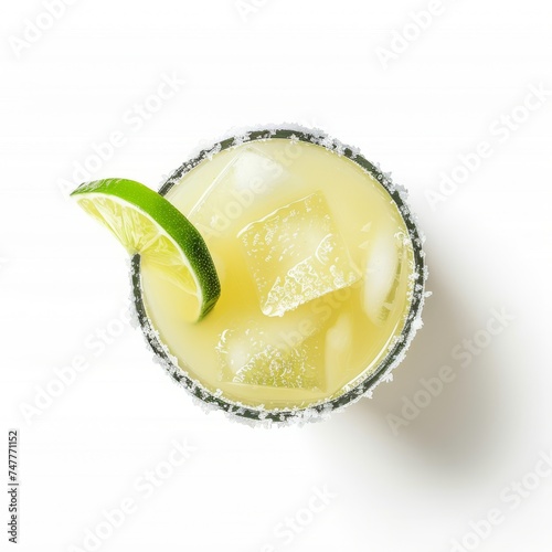 Top view of lime margarita with salt rim isolated on white background