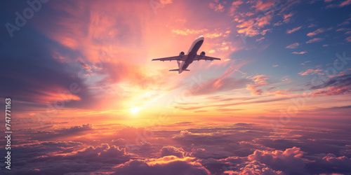 An airplane flying in the bright sky.