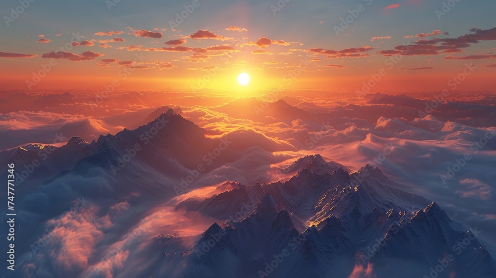 Majestic mountain sunrise panorama with golden light and cloud sea