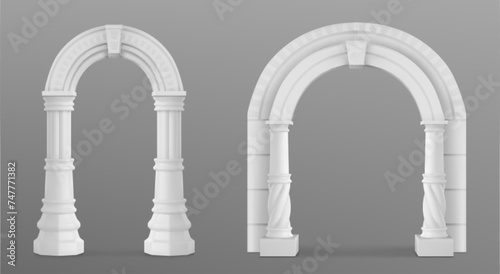 Ancient roman arch made of white clay with decorative ornate. Realistic 3d vector illustration set of greek stone pillar of temple building door or window decor. Antique classic architecture archway.