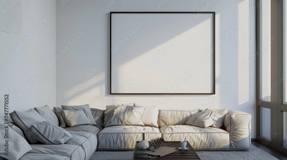 large blank picture frame in a modern appartement - poster / art mockup template for product placement large blank picture frame in a modern appartement - poster / art mockup template for product placement