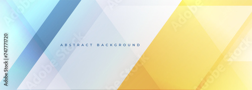 Blue and yellow modern abstract wide banner with geometric shapes. Light blue and white abstract background. Vector illustration
