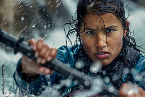 close up shot of a woman kayaking through rushing whitewater