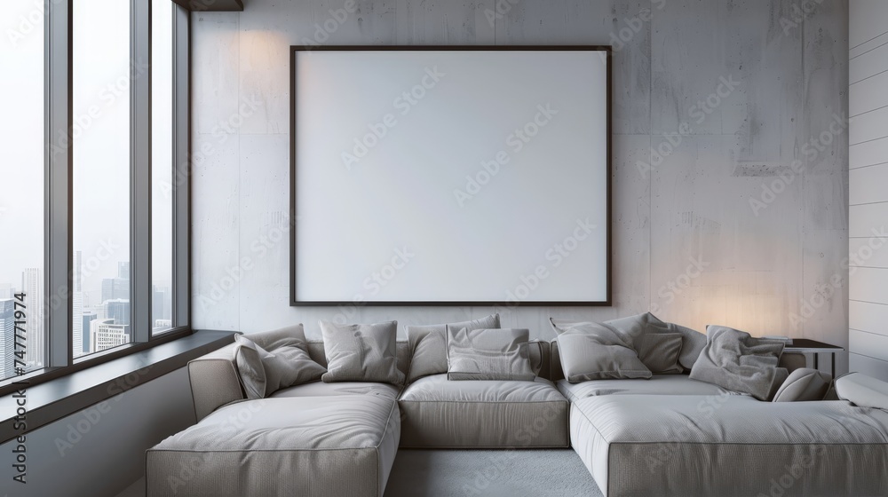 Fototapeta premium large blank picture frame in a modern appartement - poster / art mockup template for product placement