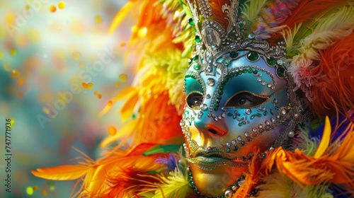 A woman wearing a vibrant mask adorned with colorful feathers