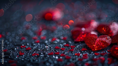 A close up view of vibrant red hearts scattered on a sleek black surface