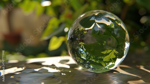 A transparent glass ball placed on top of a wooden table surface