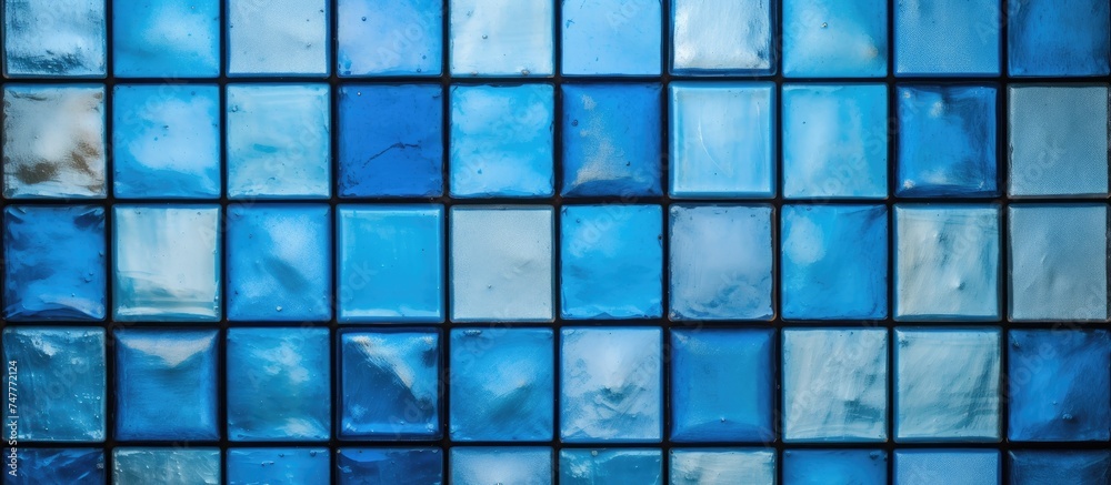 This close-up showcases a blue glass tile wall, featuring small stained glass squares arranged in an intricate pattern reminiscent of a window in an English church. This close-up showcases a blue glass tile wall, featuring small stained glass squares arranged in an intricate pattern reminiscent of a window in an English church.