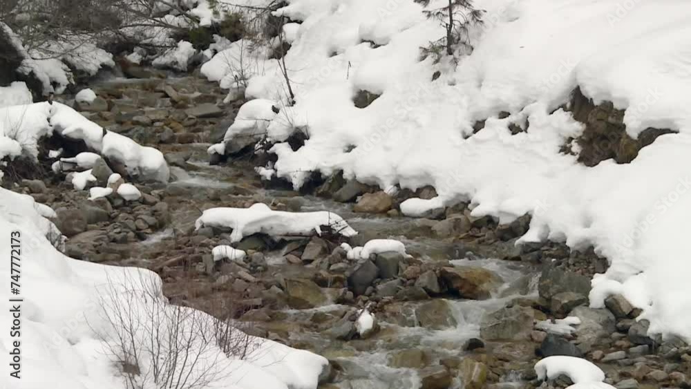 River Flowing Through Snow-covered Rocks In Boise National Forest, Idaho. tilt-down shot