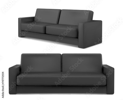 Black sofa 3d with fabric surface. Realistic vector illustration set of couch mockup in front and side angles of view. Living room interior furniture for lounge or business waiting zone design.