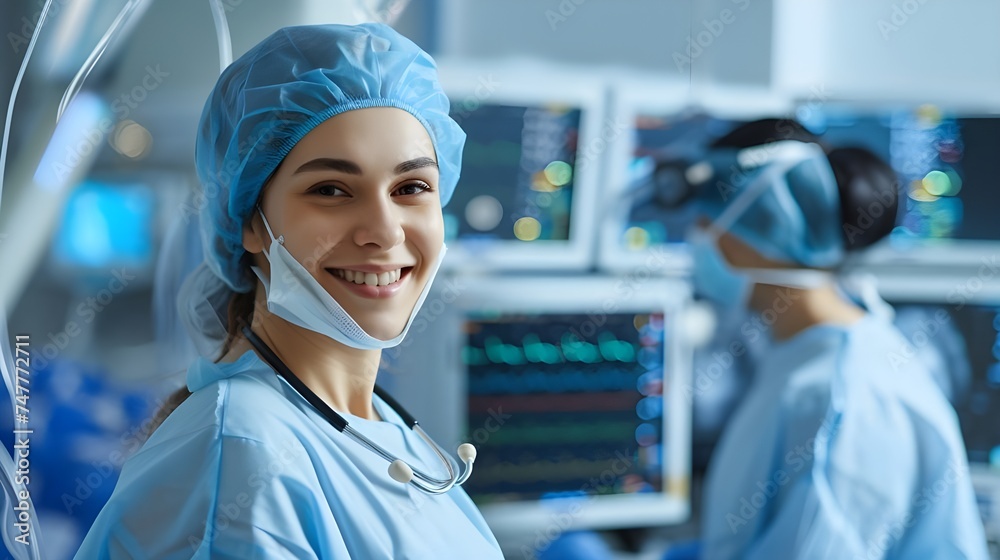 Smiling Assistant nurse specialist in controls of equipment in monitors. Smiling Assistant nurse specialist in controls of equipment in monitors.