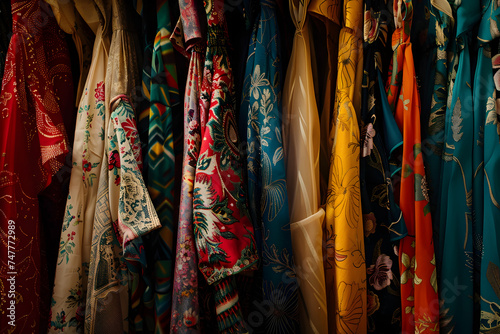 Close up of colorful vintage clothing on a rack 