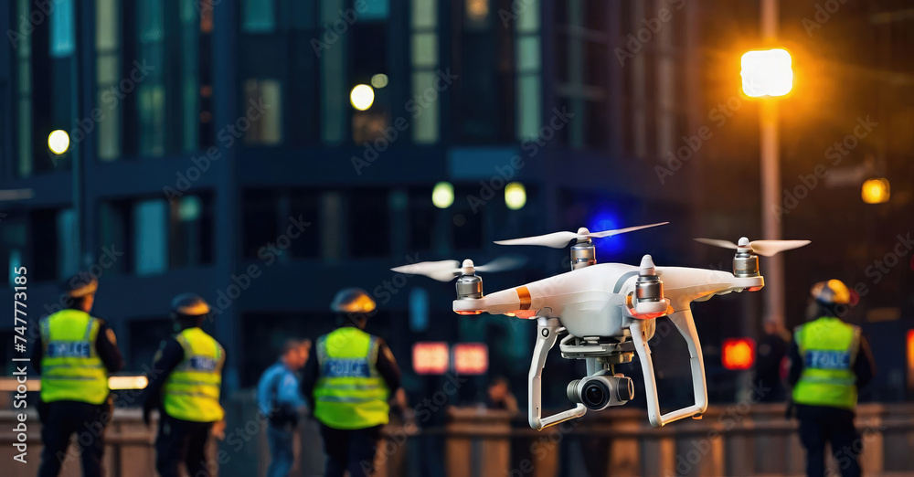 drone flying with blurred police investigating in background  - obrazy, fototapety, plakaty 