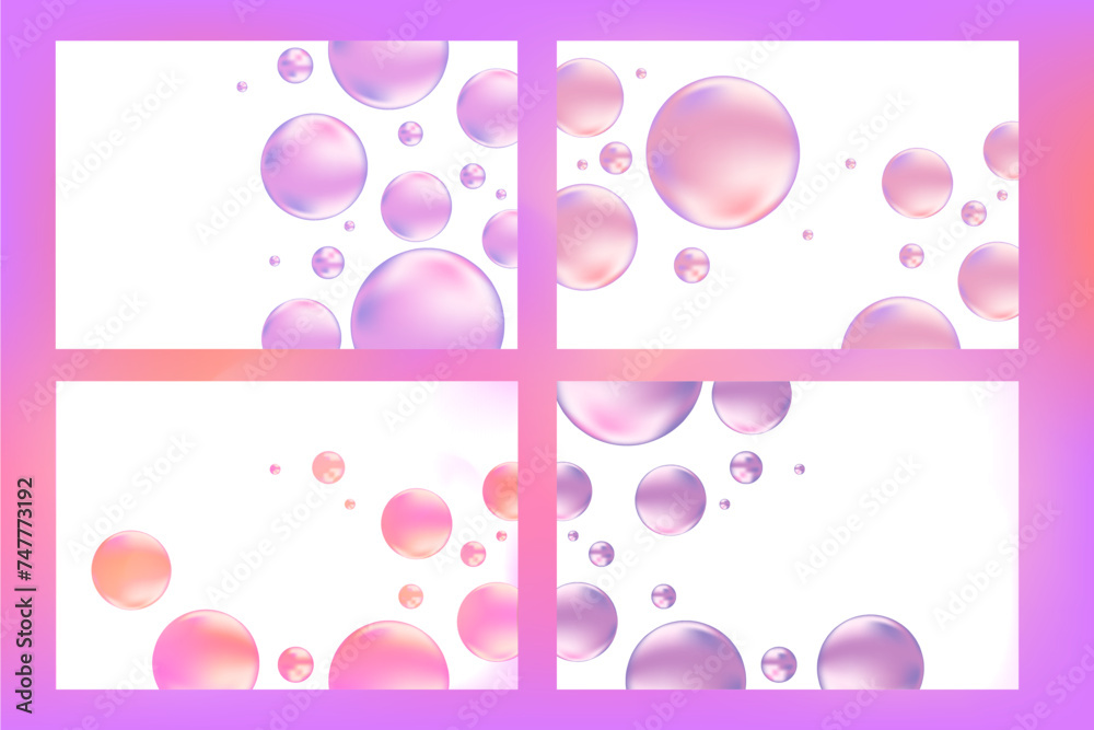 Light pink, purple liquid bubbles or shiny droplets. Aesthetic nude color background. Elegant glowing jelly circles floating composition for cosmetology, beauty science, skin care molecular concept.