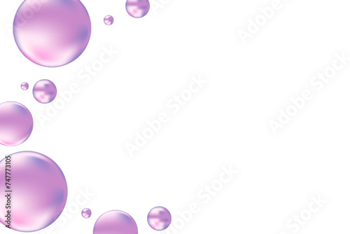 Light violet, light purple liquid bubbles or molecule sell glowing circles floats over a transparent background. Aesthetic glowing composition, cosmetology, beauty science, skin care molecular concept