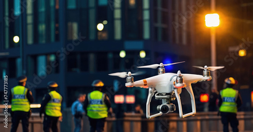 drone flying with blurred police investigating in background  photo