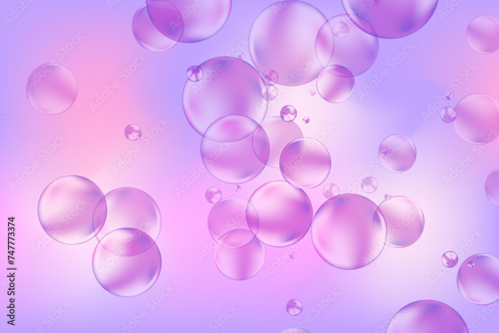 Abstract liquid bubbles or glowing circles flowing and overlapping light violet, purple gradient background. Dynamic particles emulsion wallpaper. Collagen serum solution or cosmetology oil texture.